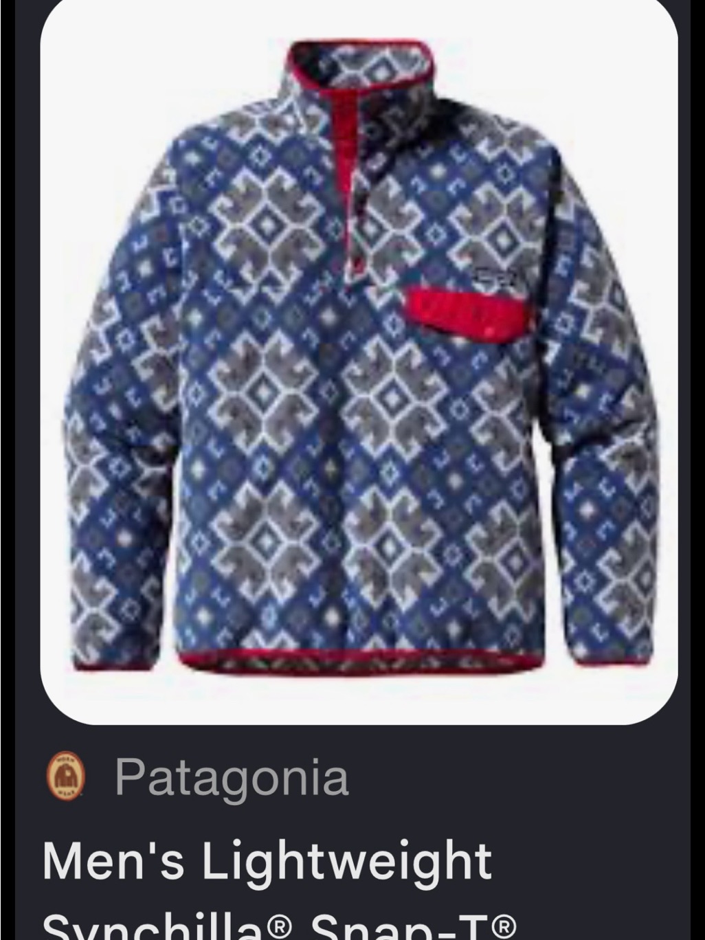 Patagonia Men’s L Blue Geo Snap-T With Red Chest Pocket